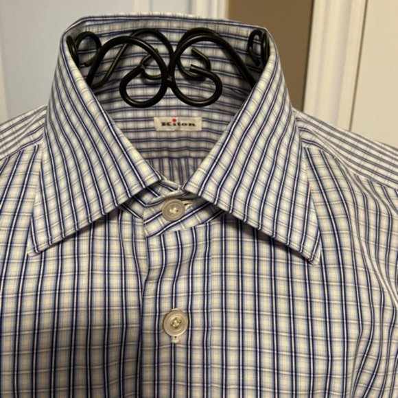 Kiton Men's Dress Shirt Blue Plaid Pattern in Size 17/43 EUC - Picture 3 of 16